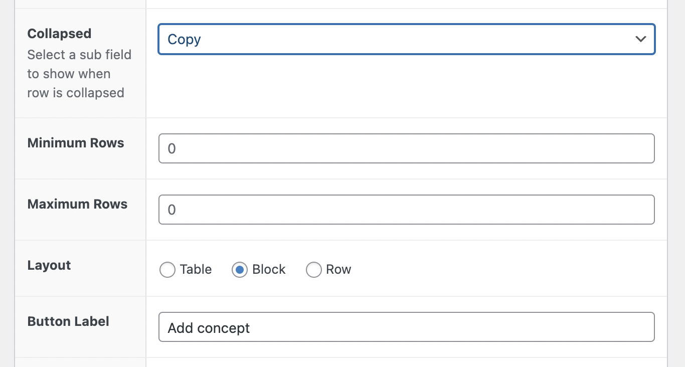 a panel of options for choosing how the custom fields are displayed in the admin panel
